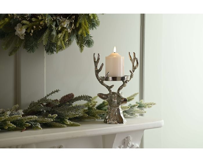 The Christmas Collection Aluminium Reindeer Head Pillar Candle Holder 27cm