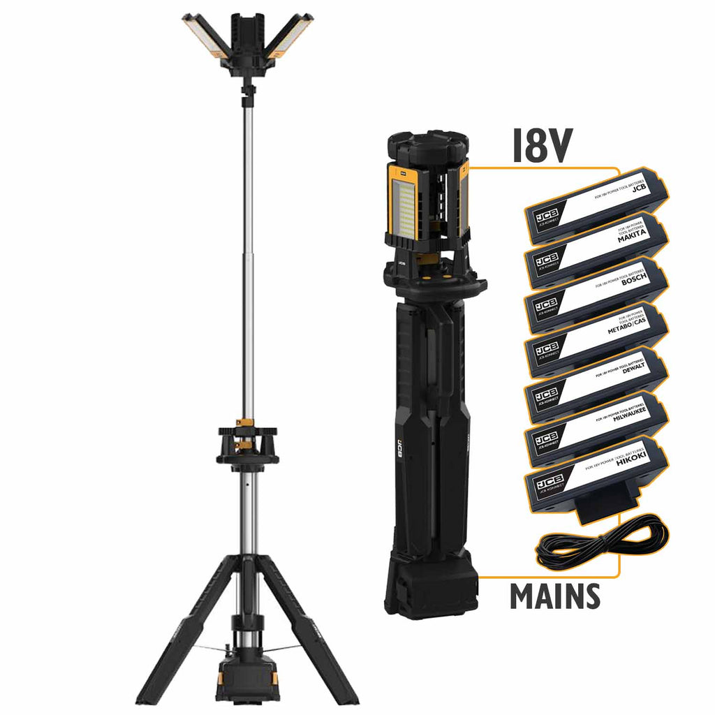 JCB Tri Fold Tower-Site Light Battery & Mains 8400 Lms